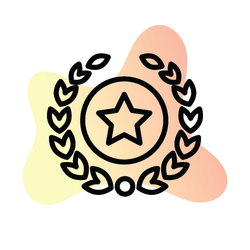 A circular laurel wreath with a star in the center, set against a background with soft yellow and peach shapes.