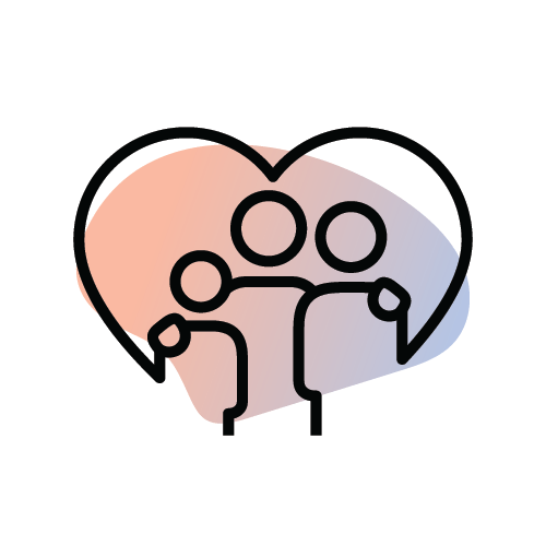 A simple line drawing shows three figures within a heart shape, symbolizing family love and unity, set against a circular gradient background.