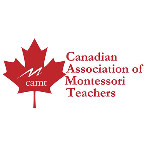 Red maple leaf logo with white "camt" text, representing the Canadian Association of Montessori Teachers, beside full organization name in red text.