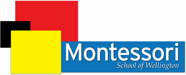 Logo of the Montessori School of Wellington, featuring red and yellow blocks with a blue banner. Simple, modern design highlighting education.