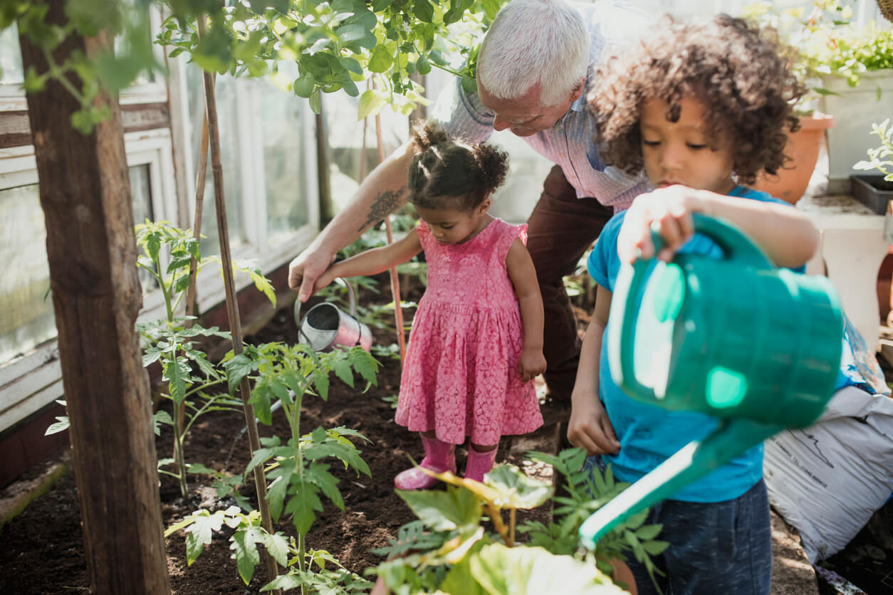 A person and two children are gardening together, watering plants inside a greenhouse, surrounded by green foliage and sunlight.