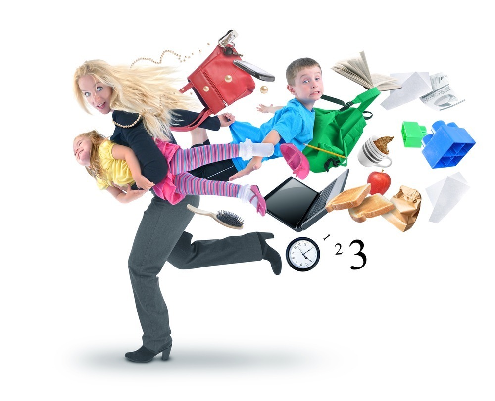 A person carries two children and various items in a humorous, chaotic scene illustrating busy life. Background is plain white.