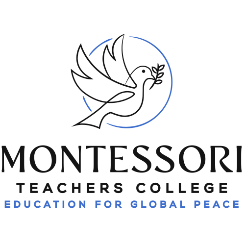 The logo features a dove with an olive branch above text: "Montessori Teachers College - Education for Global Peace" on a white background.