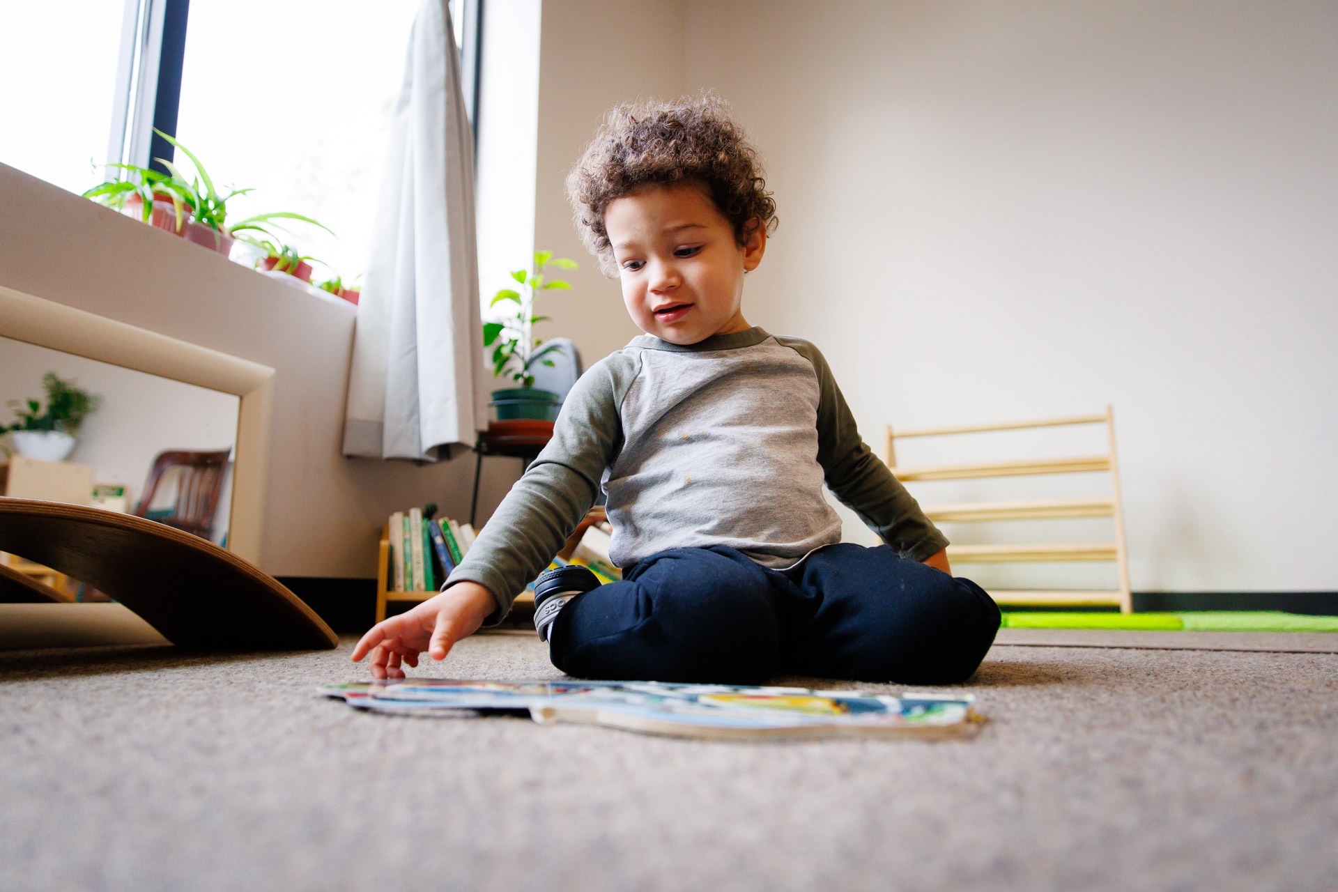 A child sits on a carpeted floor, reaching towards a book, surrounded by plants and bookshelves in a sunlit room.