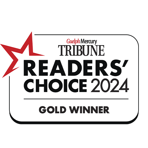 Award badge for "Guelph Mercury Tribune Readers' Choice 2024 Gold Winner" featuring a red star and bold text design.